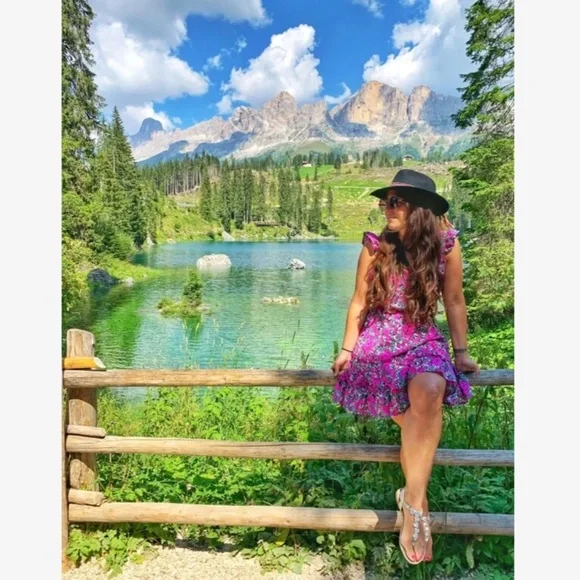 Floral Print Mini Dress Ruffle Detail Tie Back Fuchsia Green White - Picture 12 of 16